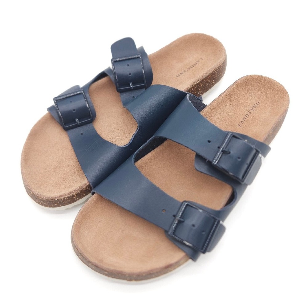 Lands End (Womens Size 6B) Blue Leather‎ Buckle Strap Cork Slip On Slide Sandal
